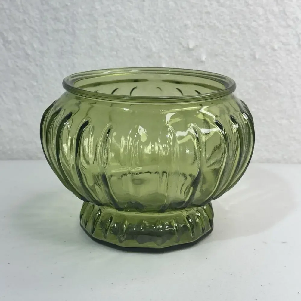 Inarco USA #5443 Olive Green Glass Ribbed Bowl Glass Plant Pot Vase VTG MCM